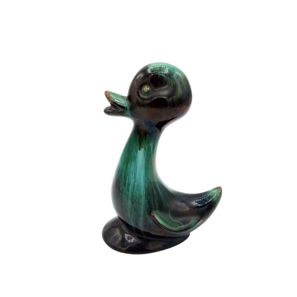 Ceramic Duck Vintage Figurine Green Black Glazed 5.25 Inches Baby Duckling